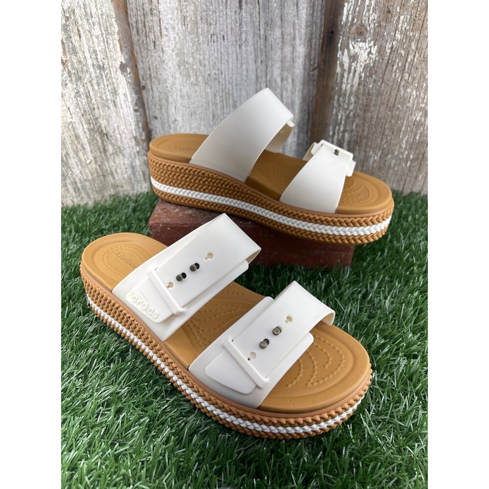 Crocs Brooklyn Woven Buckle Wedge Platform Sandals Chalk Women's 7